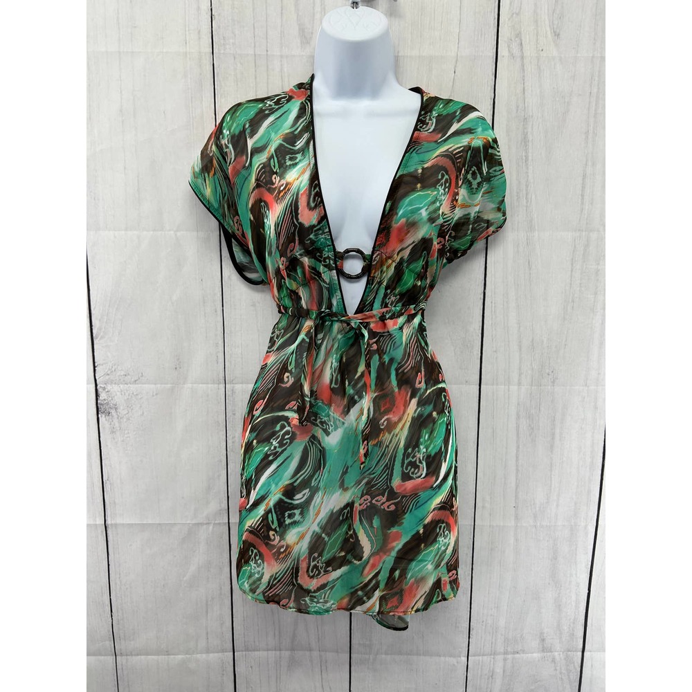 Becca Plunge Neck with Ring Cap Sleeve With Waist Tie Swim Cover M/L EUC